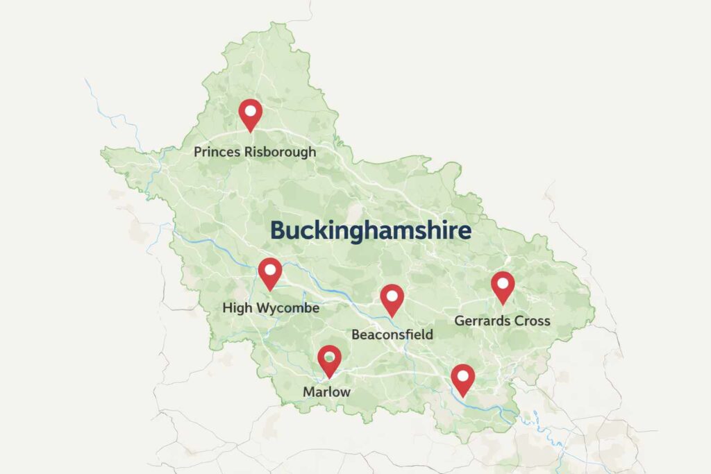 Map of Buckinghamshire showing cleaning service areas including High Wycombe, Beaconsfield, Gerrards Cross, Marlow and Princes Risborough