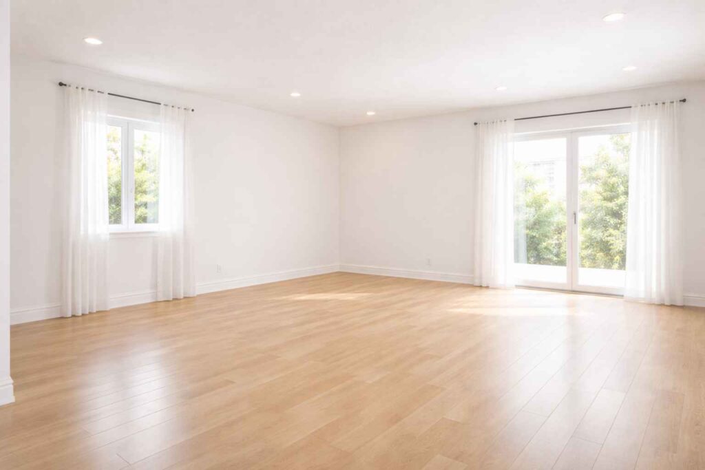 Empty newly renovated room with clean floors and dust free surfaces after post construction cleaning