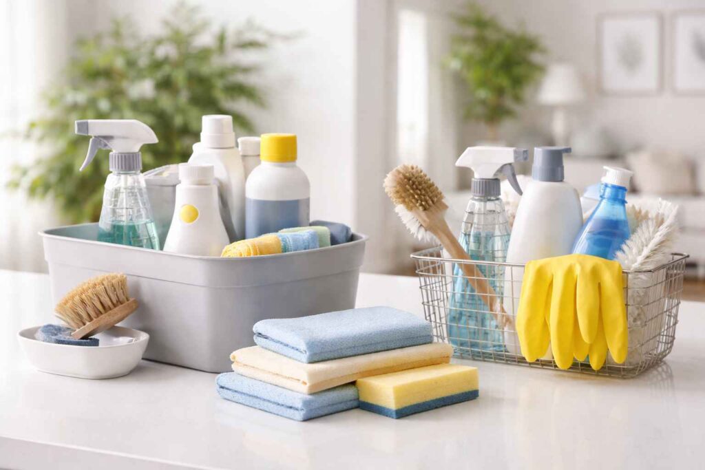 Neatly organised professional cleaning tools and supplies on a clean surface