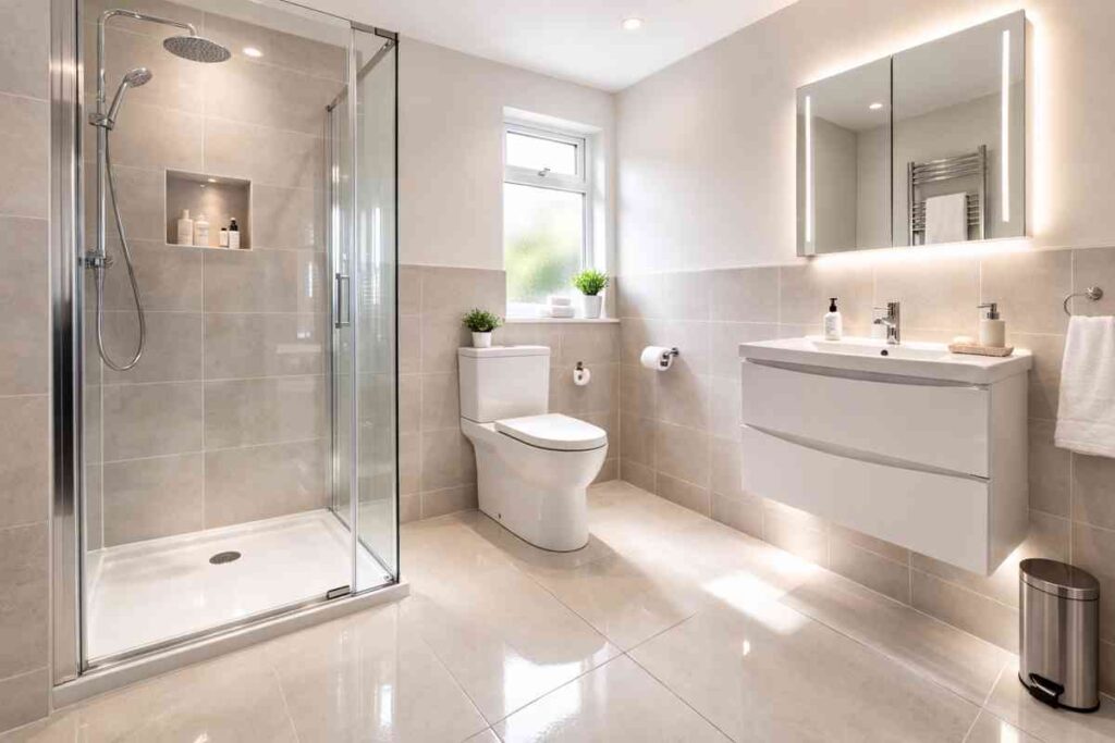 Modern empty bathroom with spotless tiles, streak free glass shower and sanitised surfaces after professional deep cleaning in High Wycombe Buckinghamshire