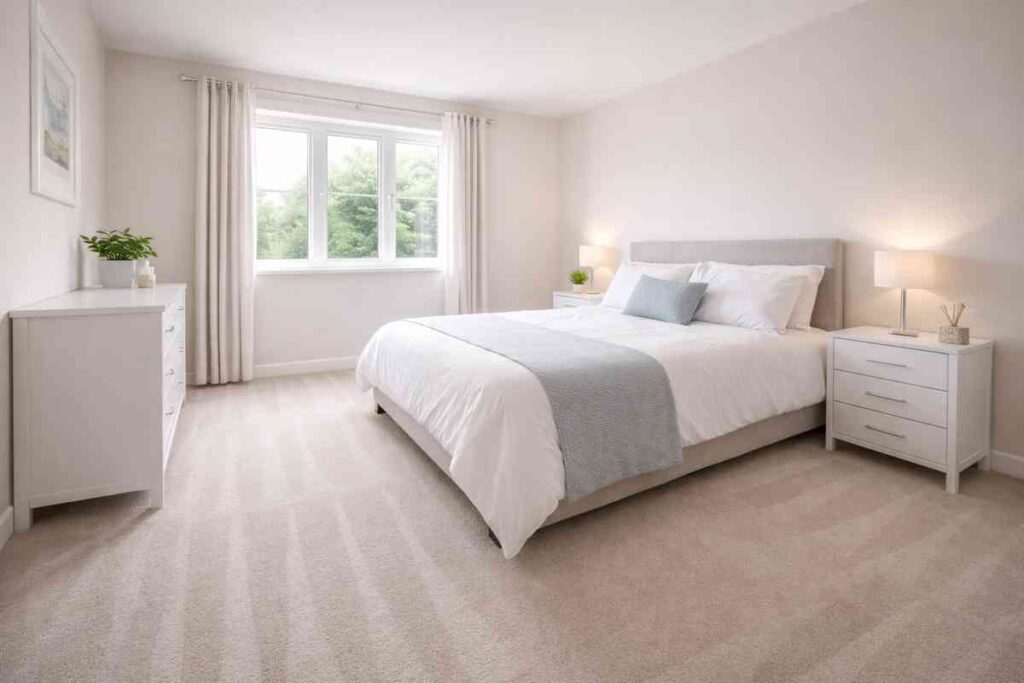 Bright UK bedroom with freshly vacuumed carpet lines, tidy bed and dust free furniture after professional cleaning